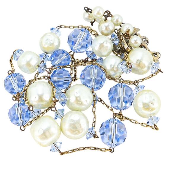 Vintage MCM Signed Lisner Necklace Double Strand Blue Crystal Faux Pearls 16 In - Picture 4 of 5